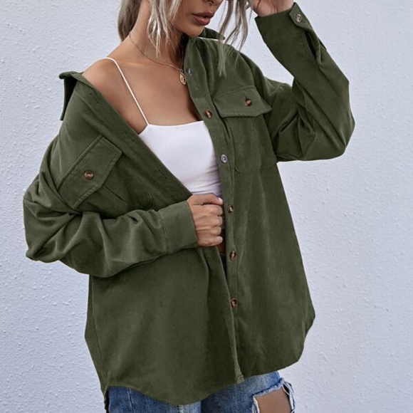 Green Boyfriend fit oversized shacket jacket corduroy Minimalist - Picture 12 of 16